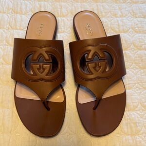 Gucci Brown Marmont Double G Cutout Leather Thong Slides NWB 41